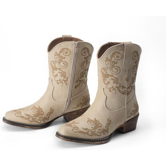 Dream Pairs Women's Beige Western Low Chunky Heels Square Toe Fall Ankle Boots - Picture 4 of 7